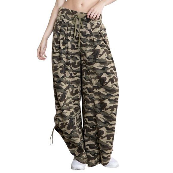 Ultra Wide Leg Camo Pants High Rise Ruched Pull String Sides - Picture 1 of 13
